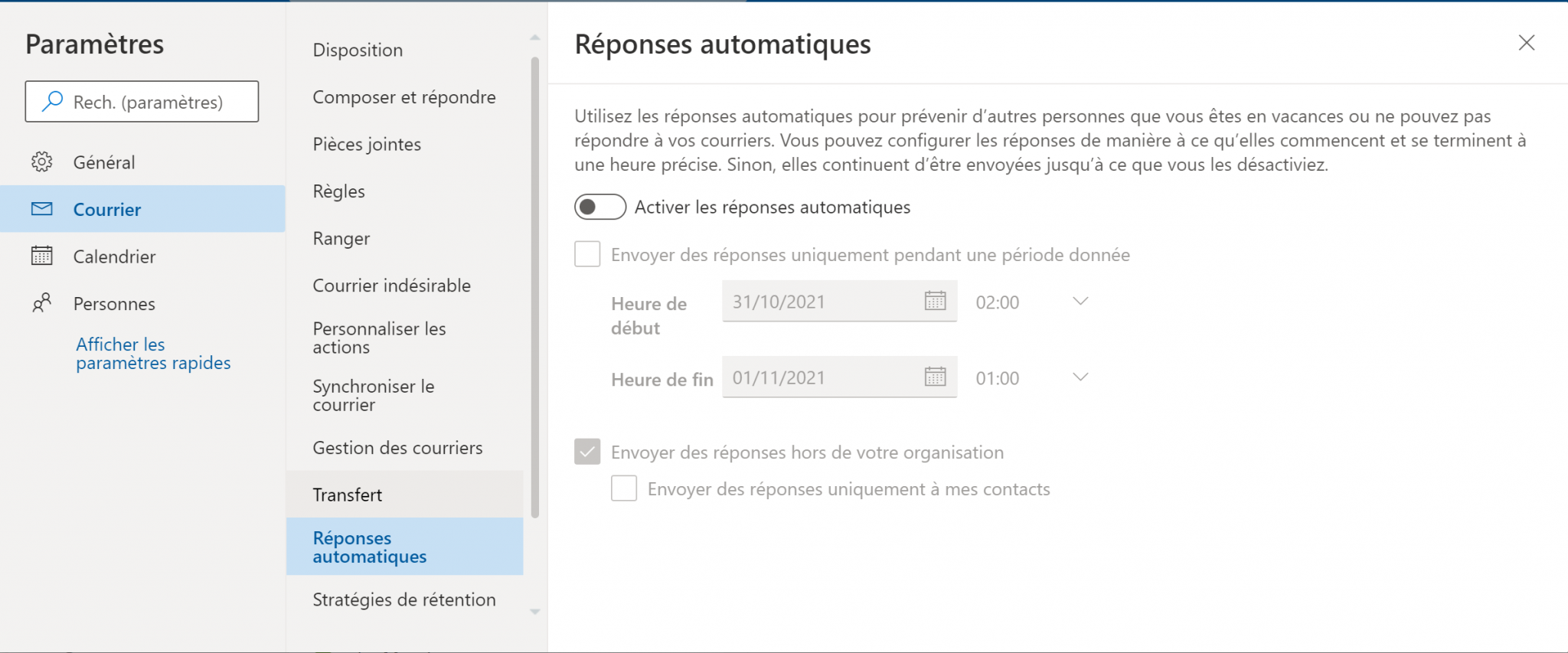 mettre un message d absence sur office 365