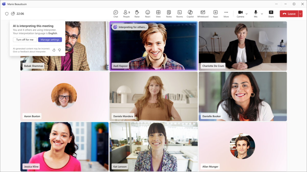 Microsoft Teams meeting with AI interpreter grid view