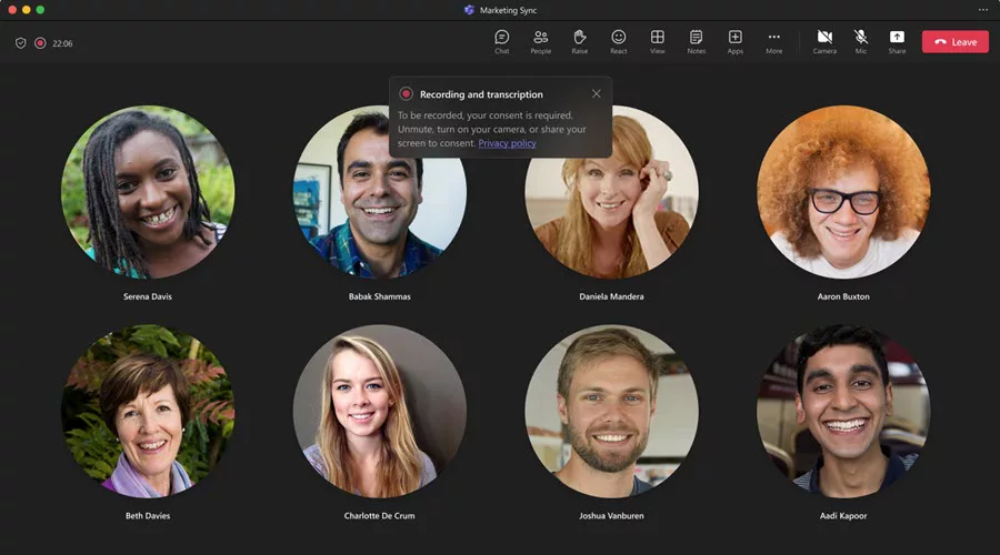 Microsoft Teams recording and transcription notification
